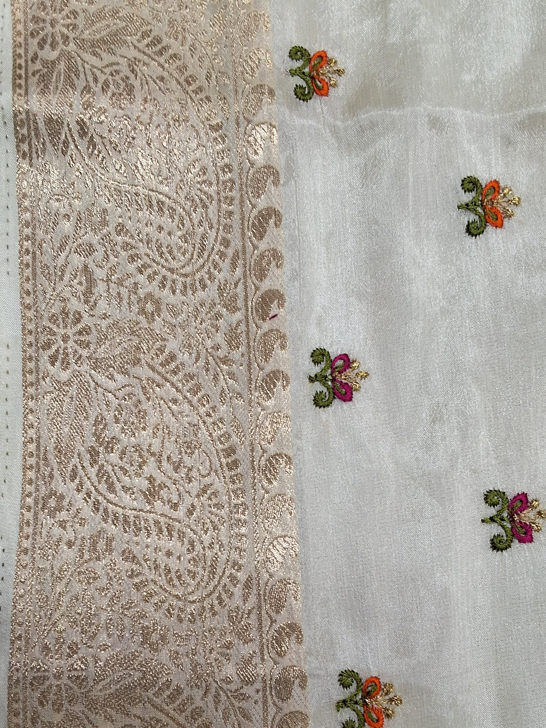 Off White Banarasi Silk Saree with Zari Paisley Border and Floral Booti Weave