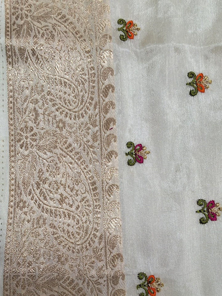 Off White Banarasi Silk Saree with Zari Paisley Border and Floral Booti Weave