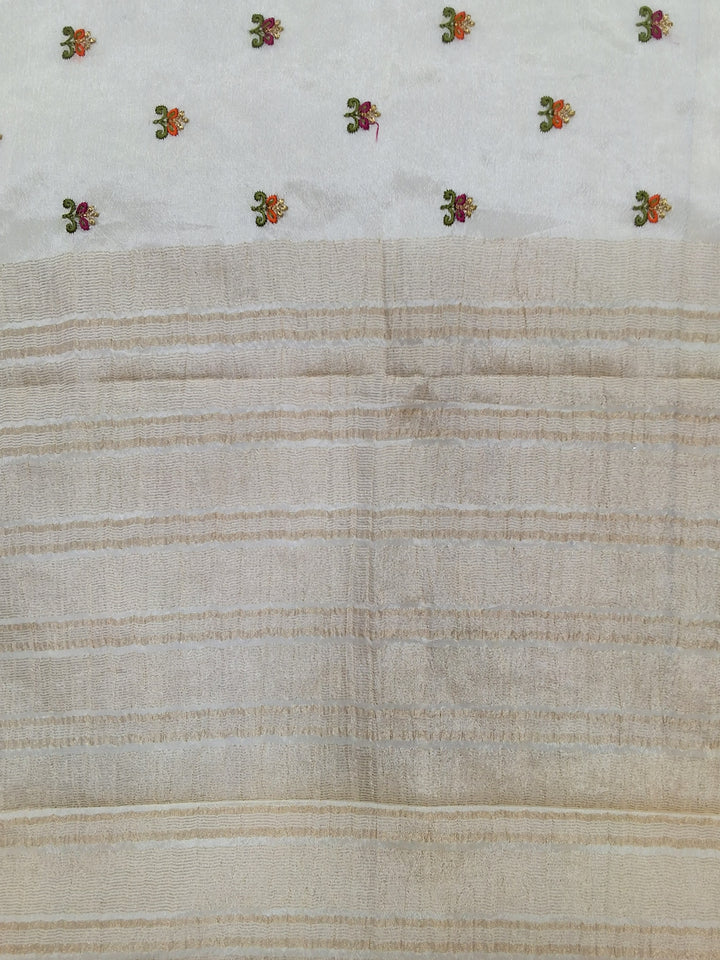 Off White Banarasi Silk Saree with Zari Paisley Border and Floral Booti Weave