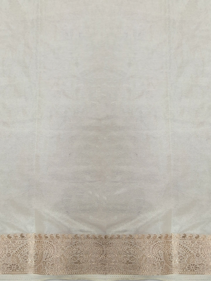 Off White Banarasi Silk Saree with Zari Paisley Border and Floral Booti Weave