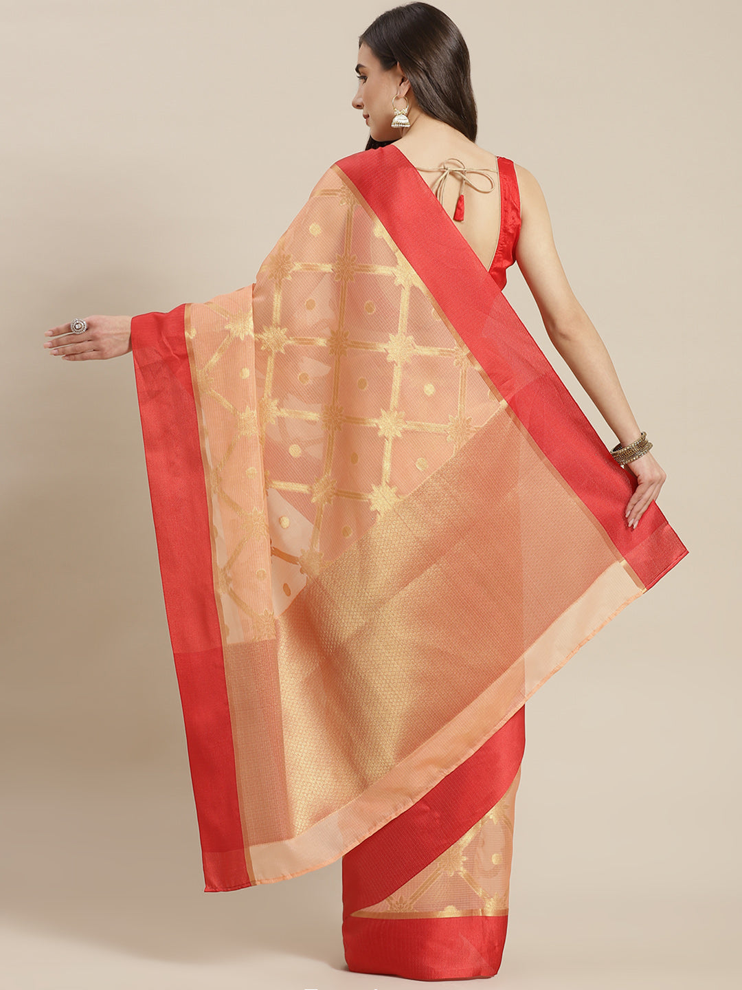 Peach Jamdani Chanderi Saree with Geometrical Zari weaving & Embroidered Belt