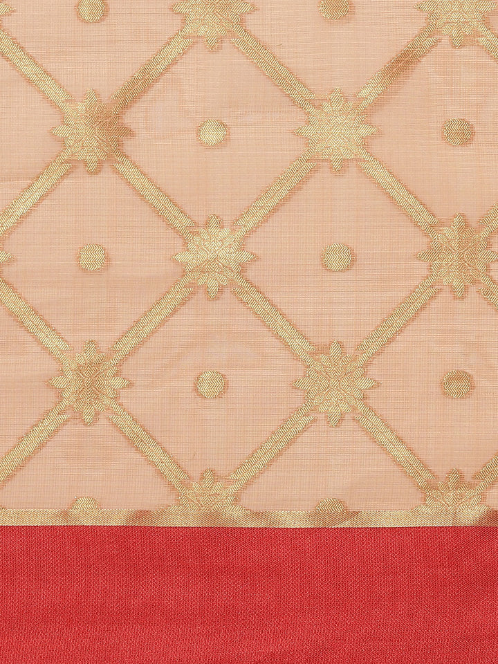 Peach Jamdani Chanderi Saree with Geometrical Zari weaving & Embroidered Belt