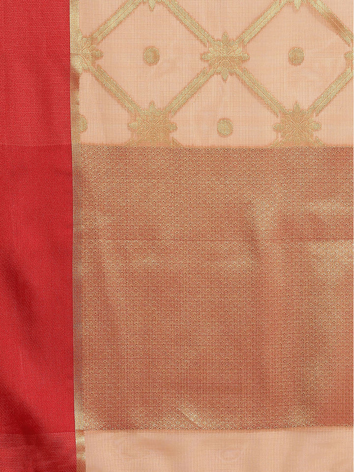 Peach Jamdani Chanderi Saree with Geometrical Zari weaving & Embroidered Belt
