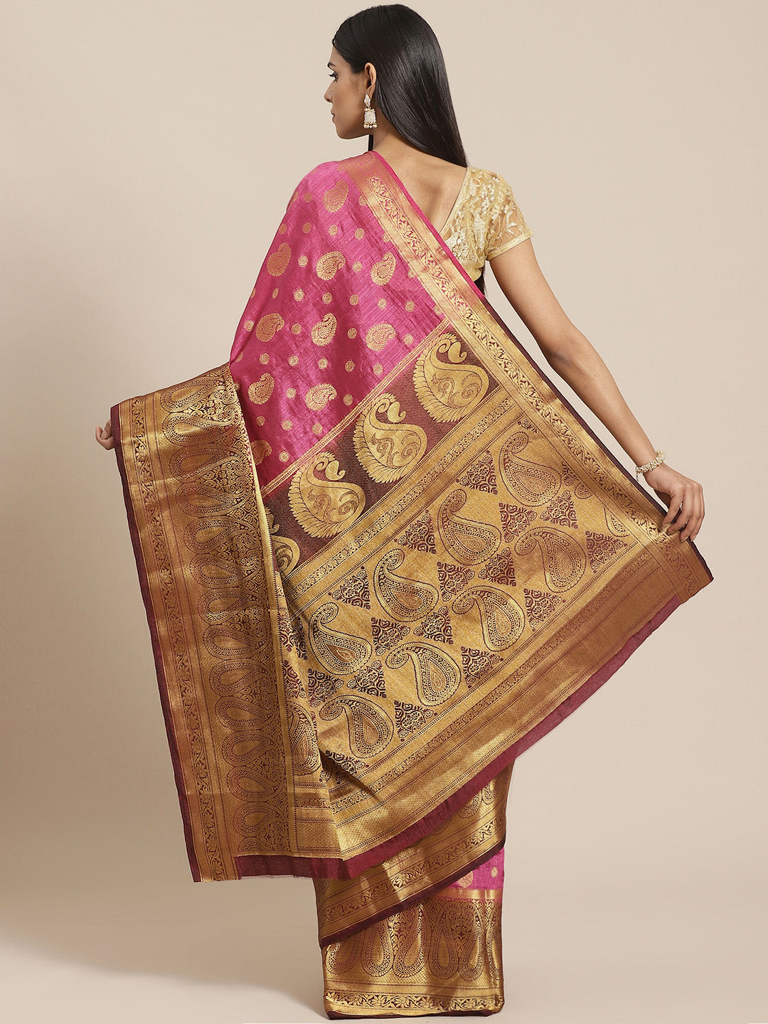 Kanjeevaram Dupion Silk Saree with Gold Zari Weaving in Contrast Paisley Pattern Border