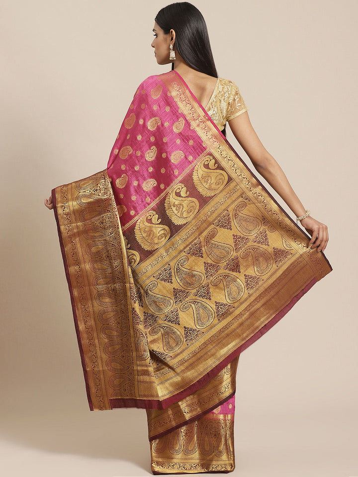 Kanjeevaram Dupion Silk Saree with Gold Zari Weaving in Contrast Paisley Pattern Border
