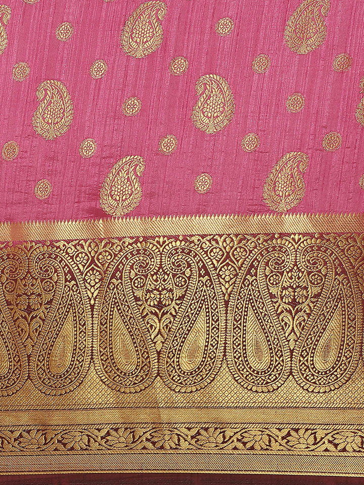 Kanjeevaram Dupion Silk Saree with Gold Zari Weaving in Contrast Paisley Pattern Border