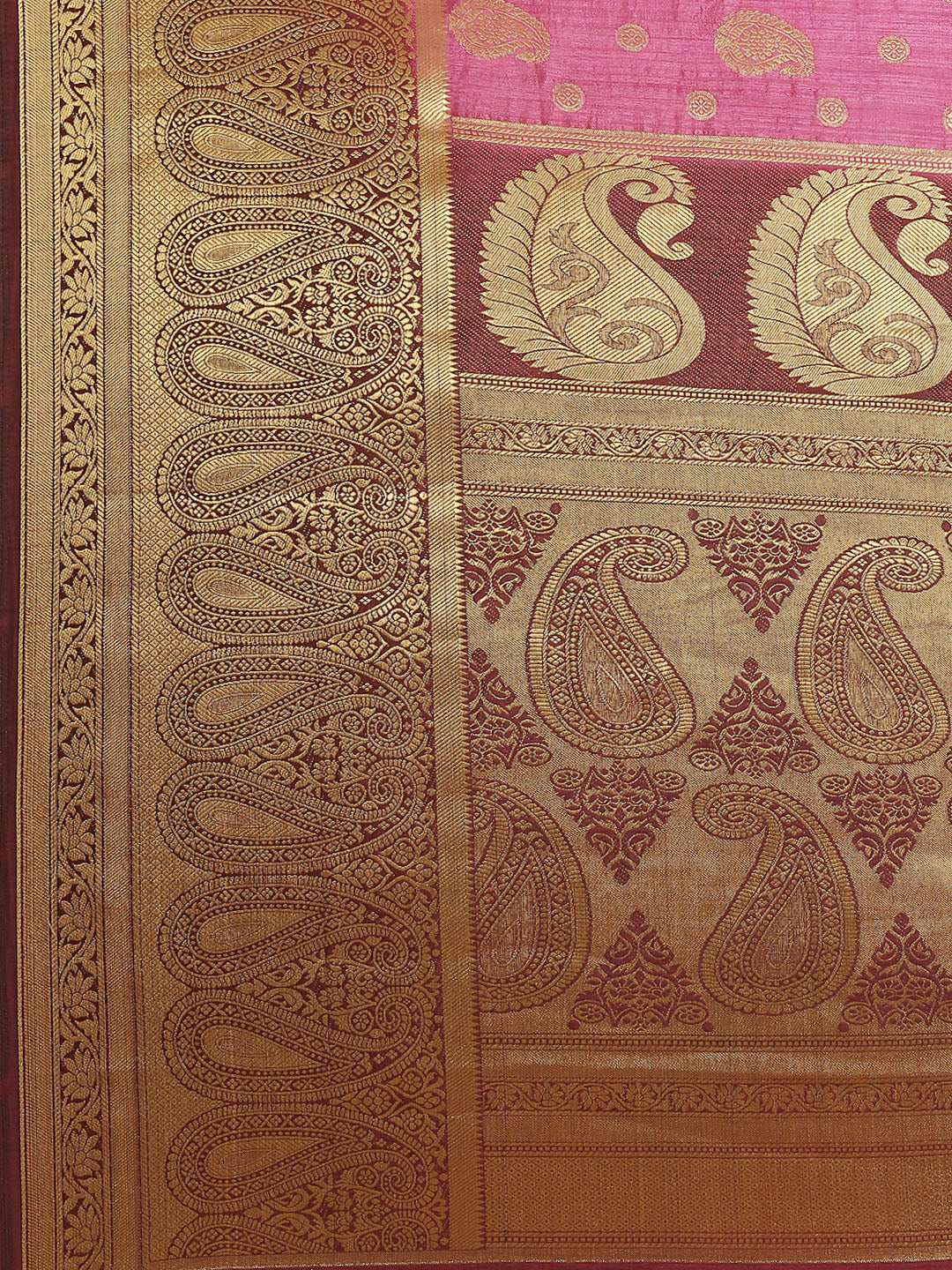 Kanjeevaram Dupion Silk Saree with Gold Zari Weaving in Contrast Paisley Pattern Border