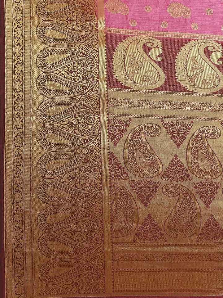 Kanjeevaram Dupion Silk Saree with Gold Zari Weaving in Contrast Paisley Pattern Border