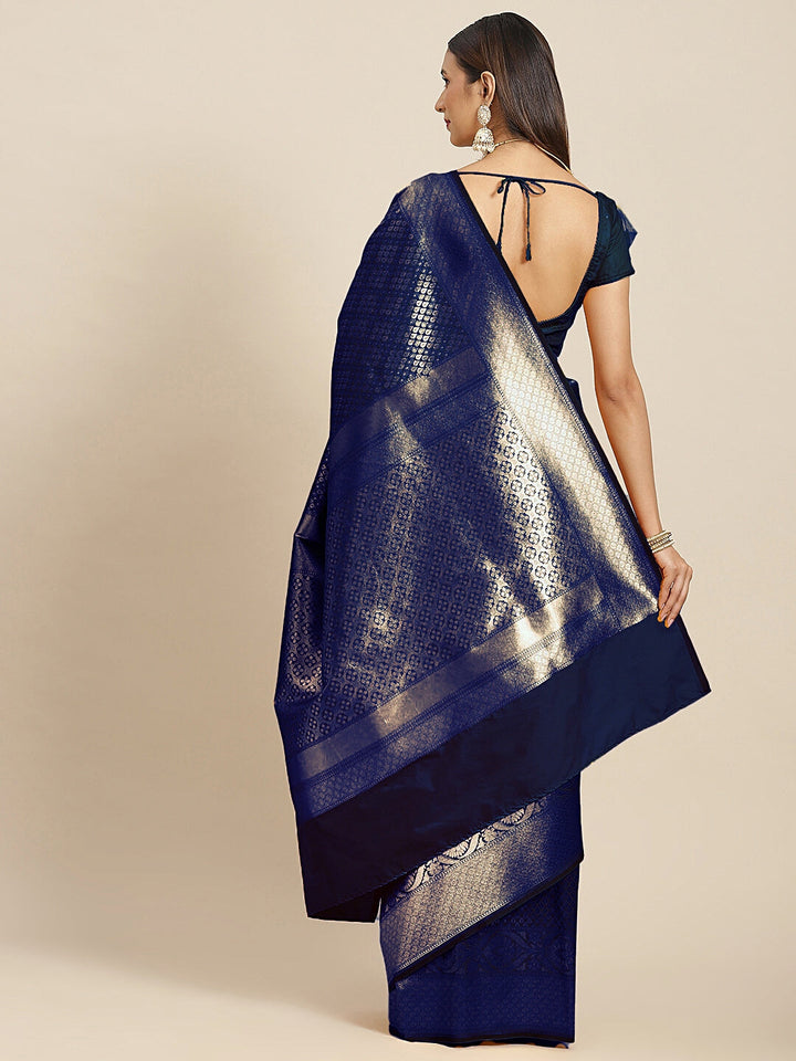 Blue Golden Zari Embellished Silk Blend Banarasi Handloom Saree