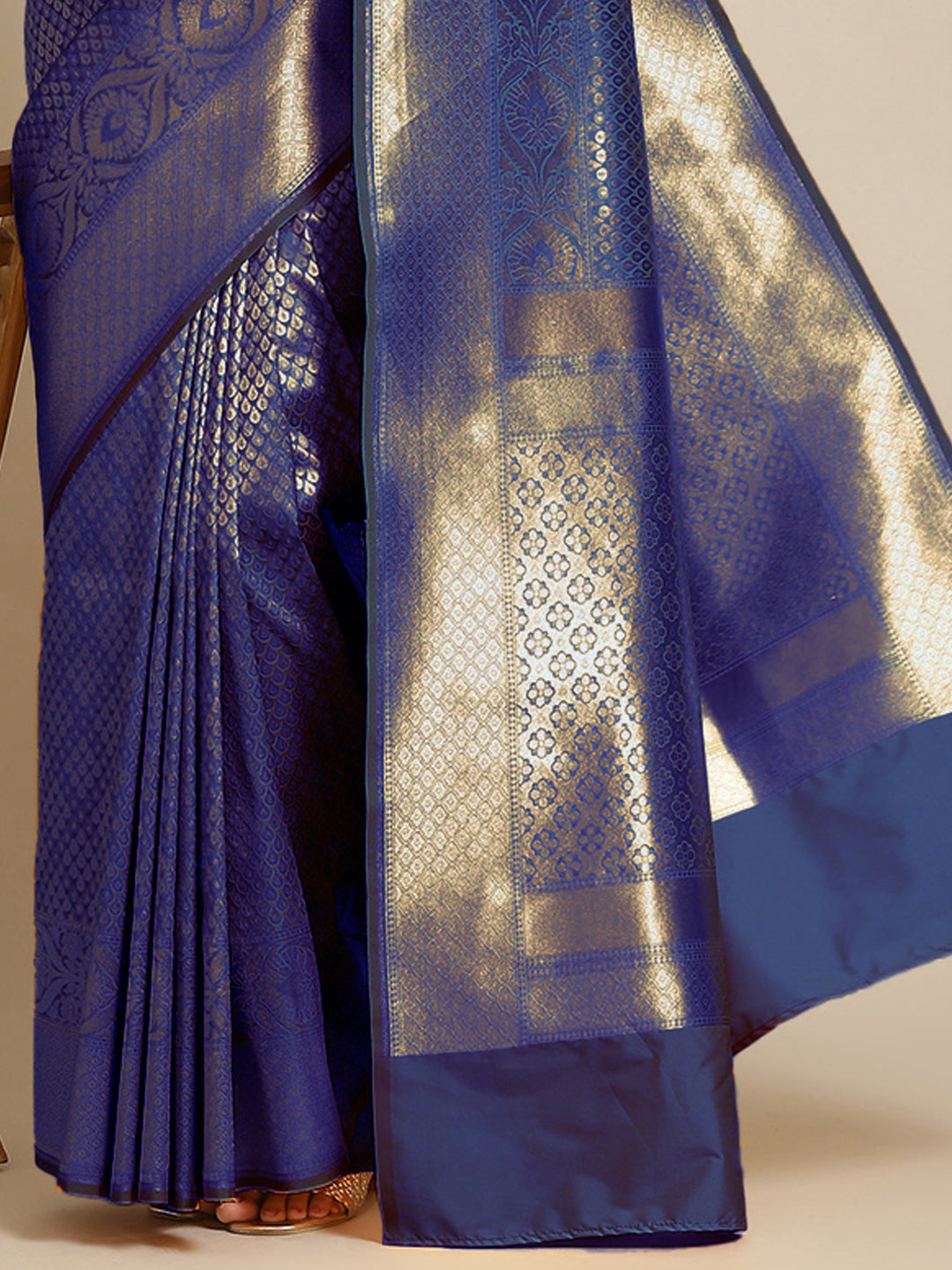 Blue Golden Zari Embellished Silk Blend Banarasi Handloom Saree