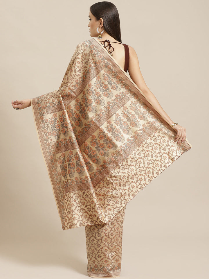 Beige Banarasi Silk Blend Embossed Handloom Saree with Paisley Weaving