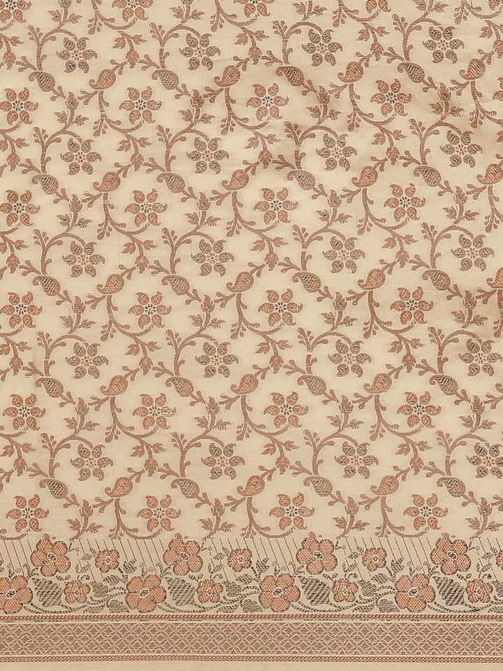 Beige Banarasi Silk Blend Embossed Handloom Saree with Paisley Weaving