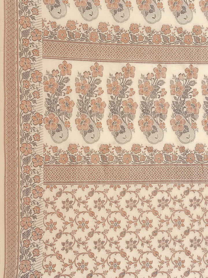 Beige Banarasi Silk Blend Embossed Handloom Saree with Paisley Weaving