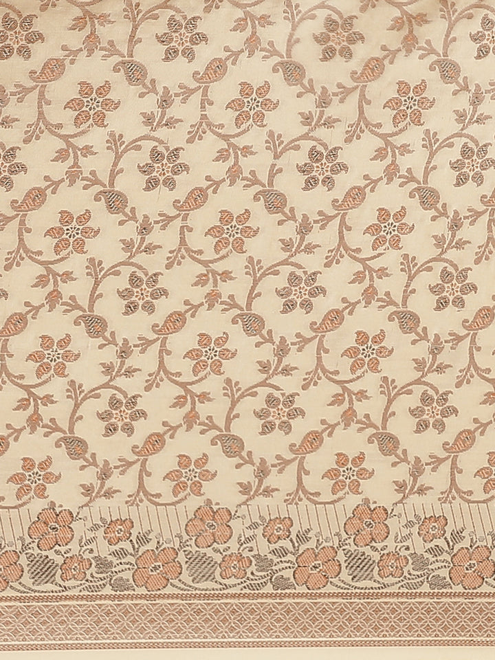Beige Banarasi Silk Blend Embossed Handloom Saree with Paisley Weaving
