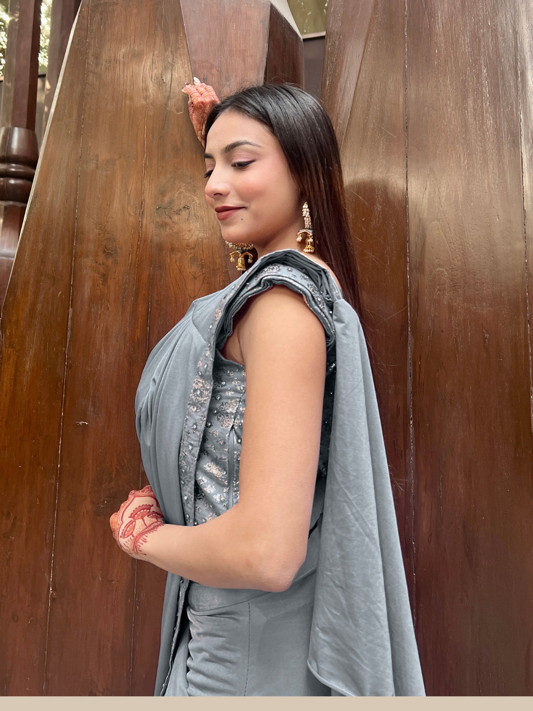 Silver Grey Pre Draped Lycra Belted Saree With Brocade Blouse