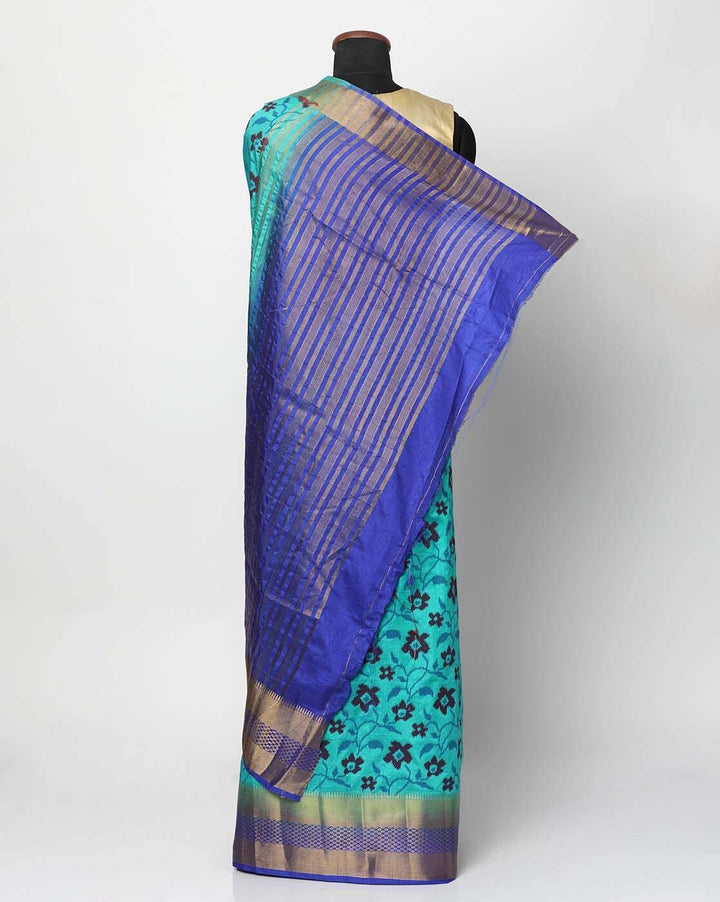 Banarasi Handloom Saree With Ikat Inspired Floral Motifs With Gold Zari Contrast Border & Pallu, Attached Matching Blouse