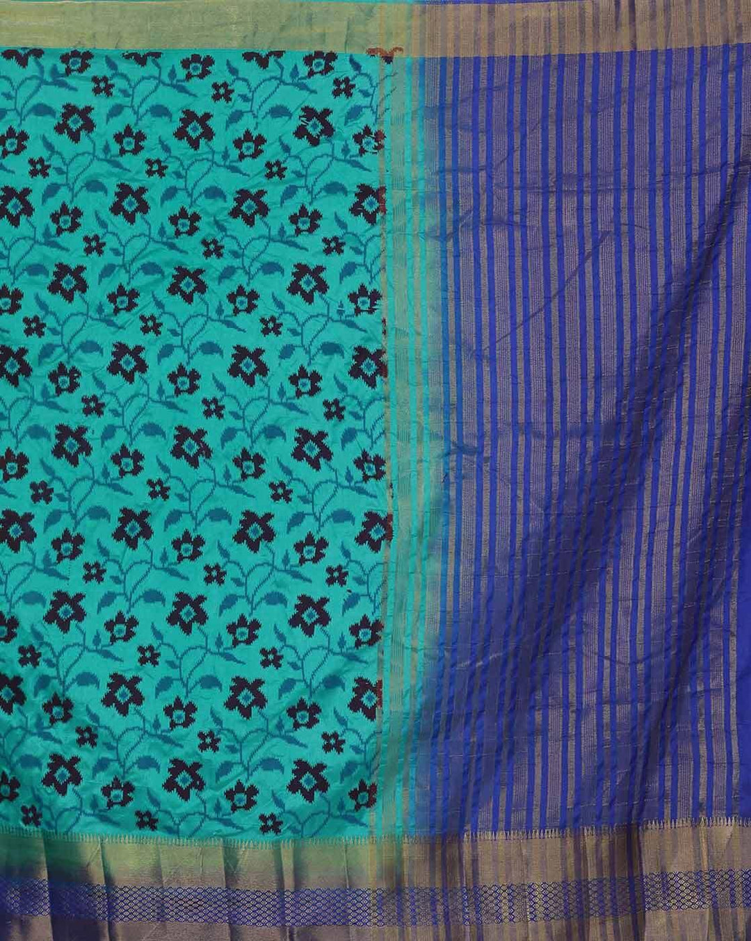 Banarasi Handloom Saree With Ikat Inspired Floral Motifs With Gold Zari Contrast Border & Pallu, Attached Matching Blouse