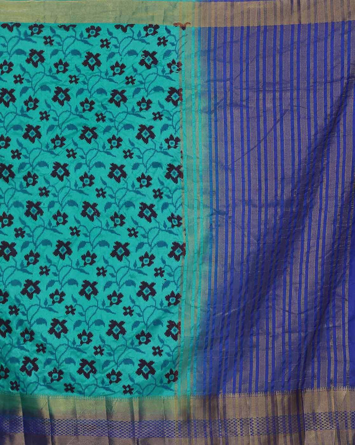 Banarasi Handloom Saree With Ikat Inspired Floral Motifs With Gold Zari Contrast Border & Pallu, Attached Matching Blouse