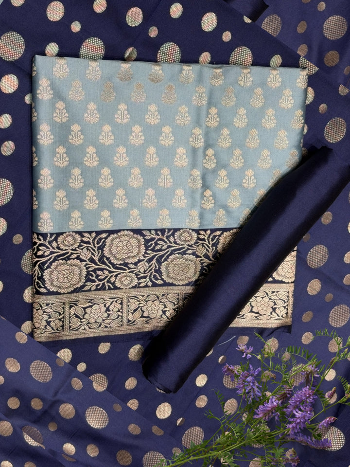 Banarasi Silk Colorblocked Dress Material with Floral Zari Woven Motifs & Jhalar Dupatta
