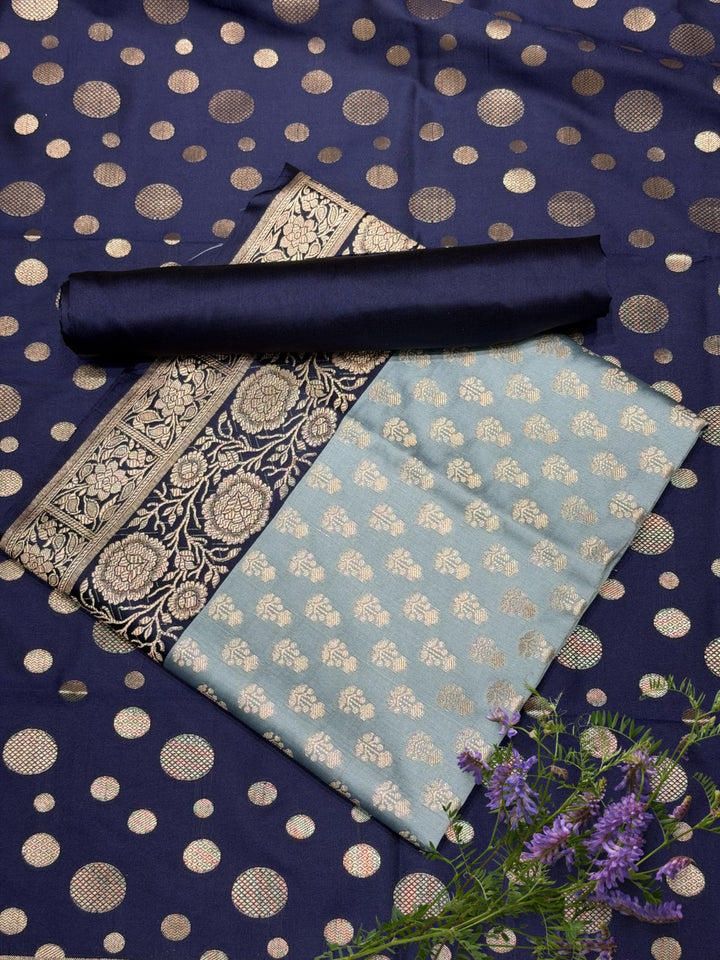 Banarasi Silk Colorblocked Dress Material with Floral Zari Woven Motifs & Jhalar Dupatta