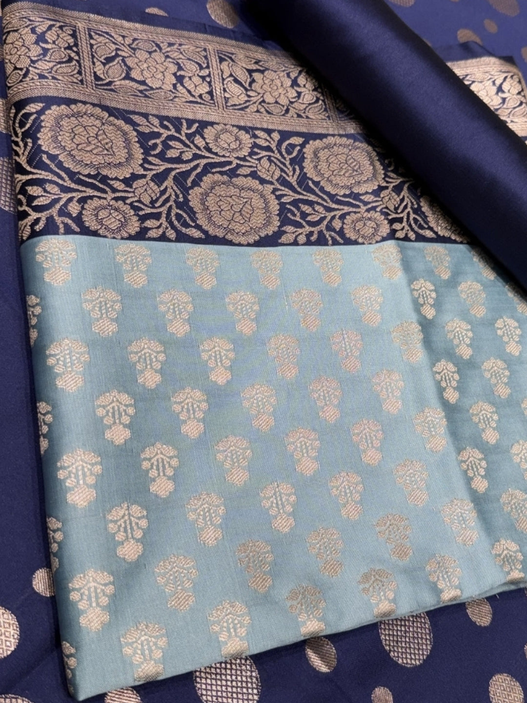 Banarasi Silk Colorblocked Dress Material with Floral Zari Woven Motifs & Jhalar Dupatta