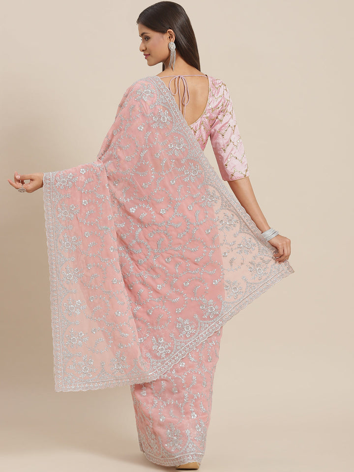 Pastel Pink Georgette Silver Zari Embroidered Saree & Cut-Work Border