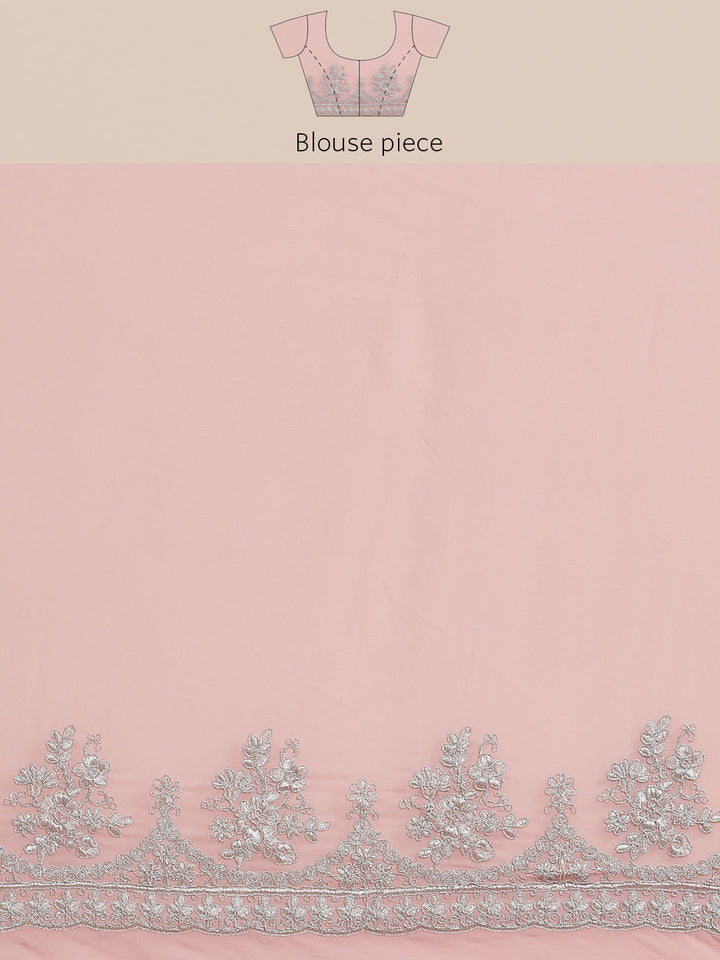 Pastel Pink Georgette Silver Zari Embroidered Saree & Cut-Work Border