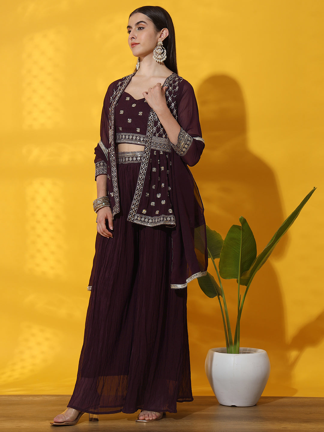 Kurta with Peplum Style Jacket, Crop Top & Pleated Palazzo