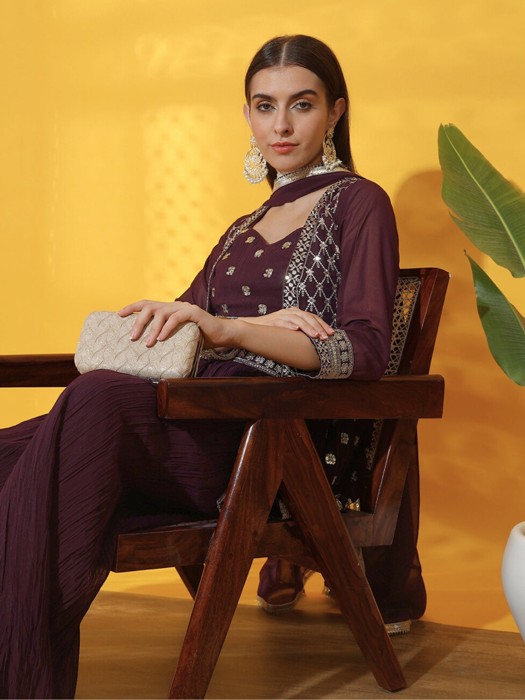 Kurta with Peplum Style Jacket, Crop Top & Pleated Palazzo