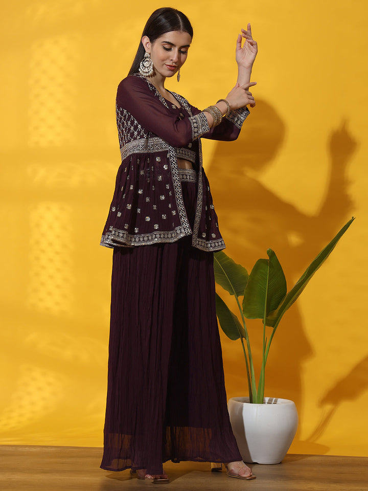 Kurta with Peplum Style Jacket, Crop Top & Pleated Palazzo
