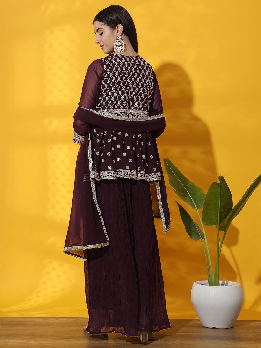 Kurta with Peplum Style Jacket, Crop Top & Pleated Palazzo