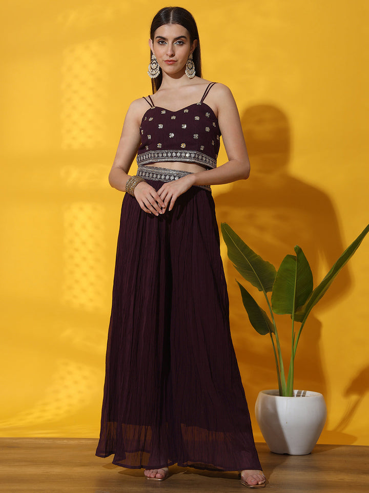 Kurta with Peplum Style Jacket, Crop Top & Pleated Palazzo