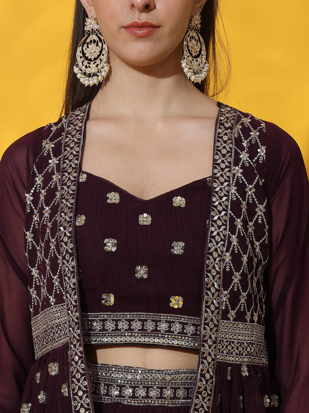 Kurta with Peplum Style Jacket, Crop Top & Pleated Palazzo