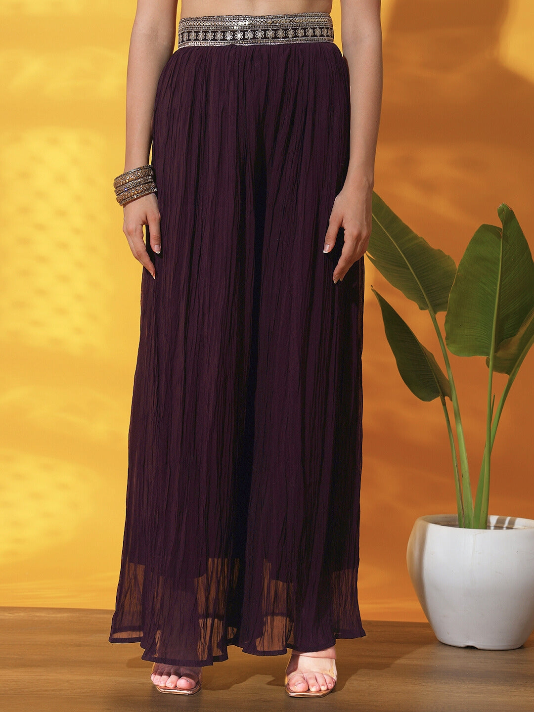 Kurta with Peplum Style Jacket, Crop Top & Pleated Palazzo