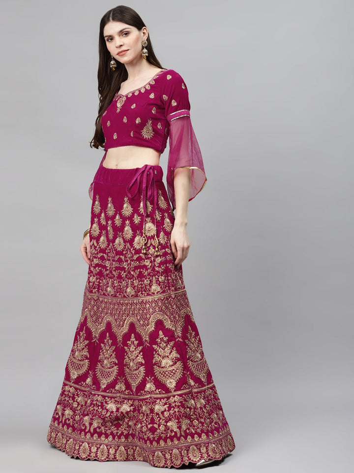 Fuchsia Velvet Bridal Semi-Stitched Lehenga Set with Gold Zari & Resham Embroidery