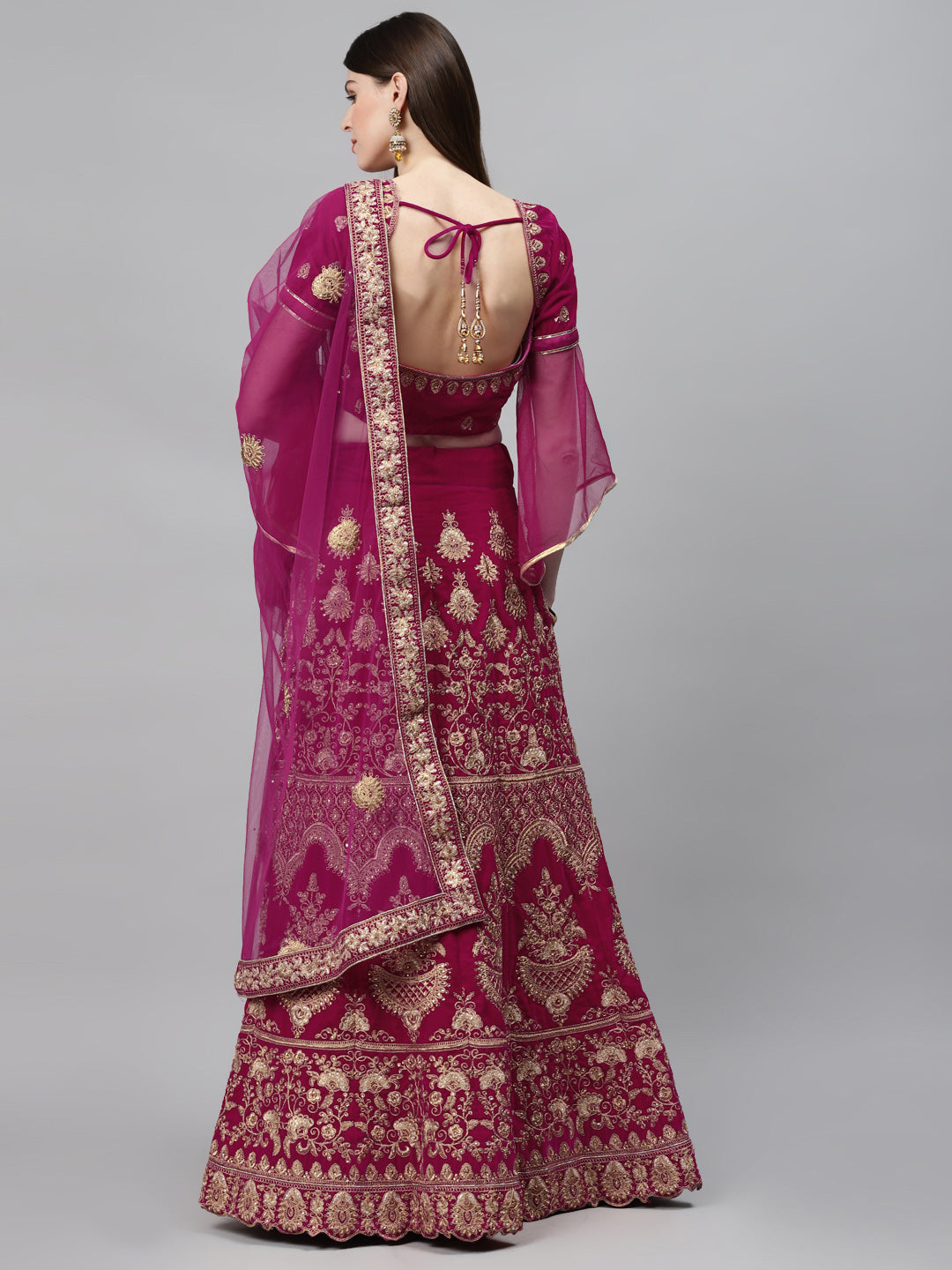 Fuchsia Velvet Bridal Semi-Stitched Lehenga Set with Gold Zari & Resham Embroidery