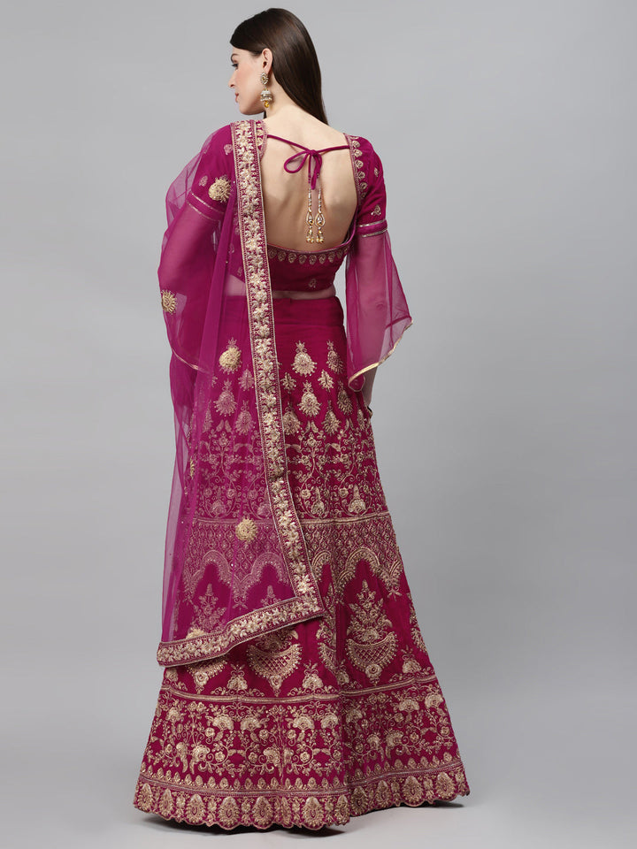 Fuchsia Velvet Bridal Semi-Stitched Lehenga Set with Gold Zari & Resham Embroidery