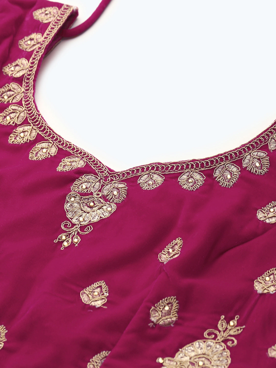 Fuchsia Velvet Bridal Semi-Stitched Lehenga Set with Gold Zari & Resham Embroidery