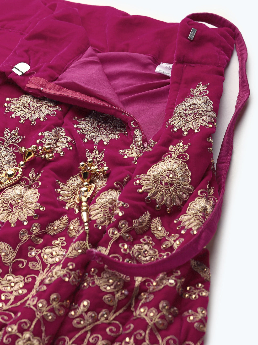 Fuchsia Velvet Bridal Semi-Stitched Lehenga Set with Gold Zari & Resham Embroidery