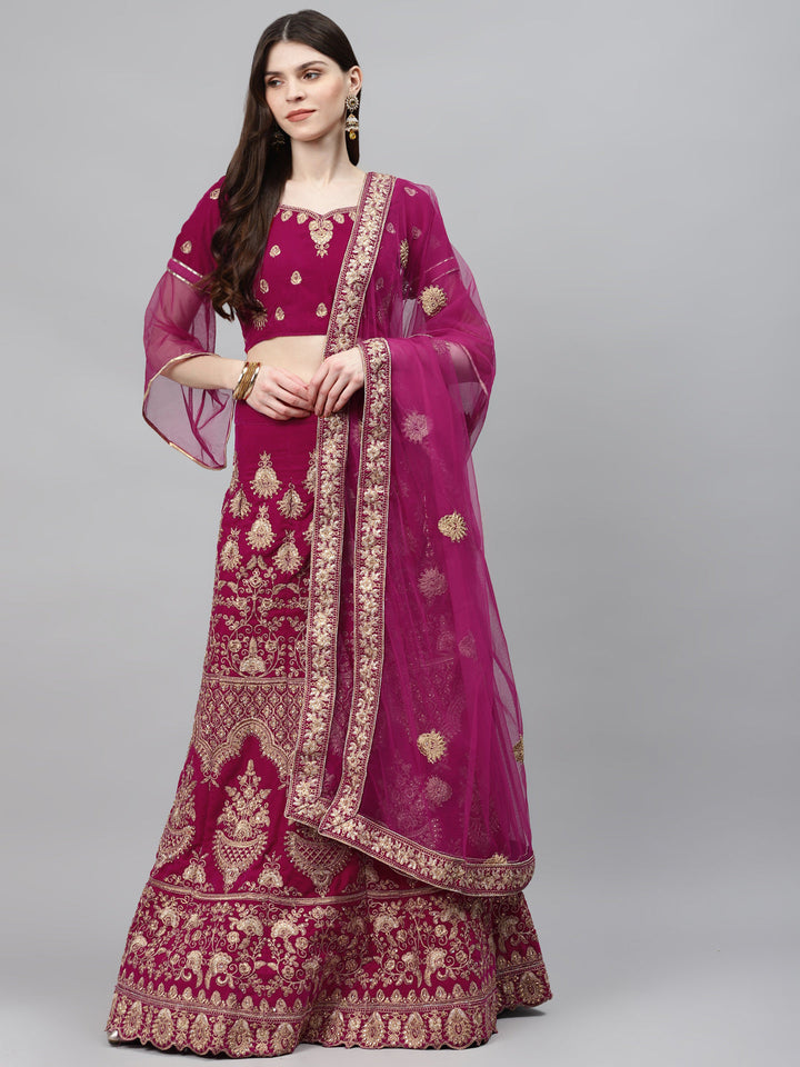 Fuchsia Velvet Bridal Semi-Stitched Lehenga Set with Gold Zari & Resham Embroidery