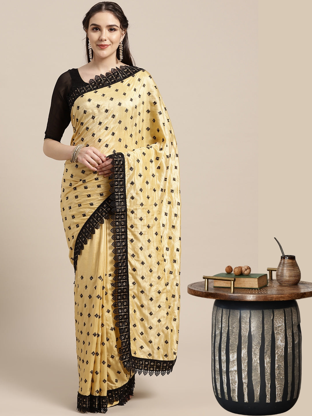 Textured Silk Saree with Resham Embroidery and Chantilly Lace Border