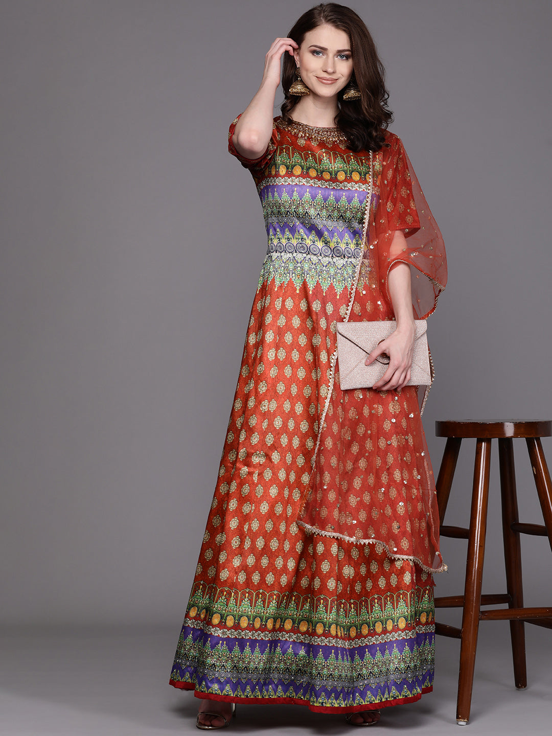 Embellished Cocktail Gown with Bohemian Print
