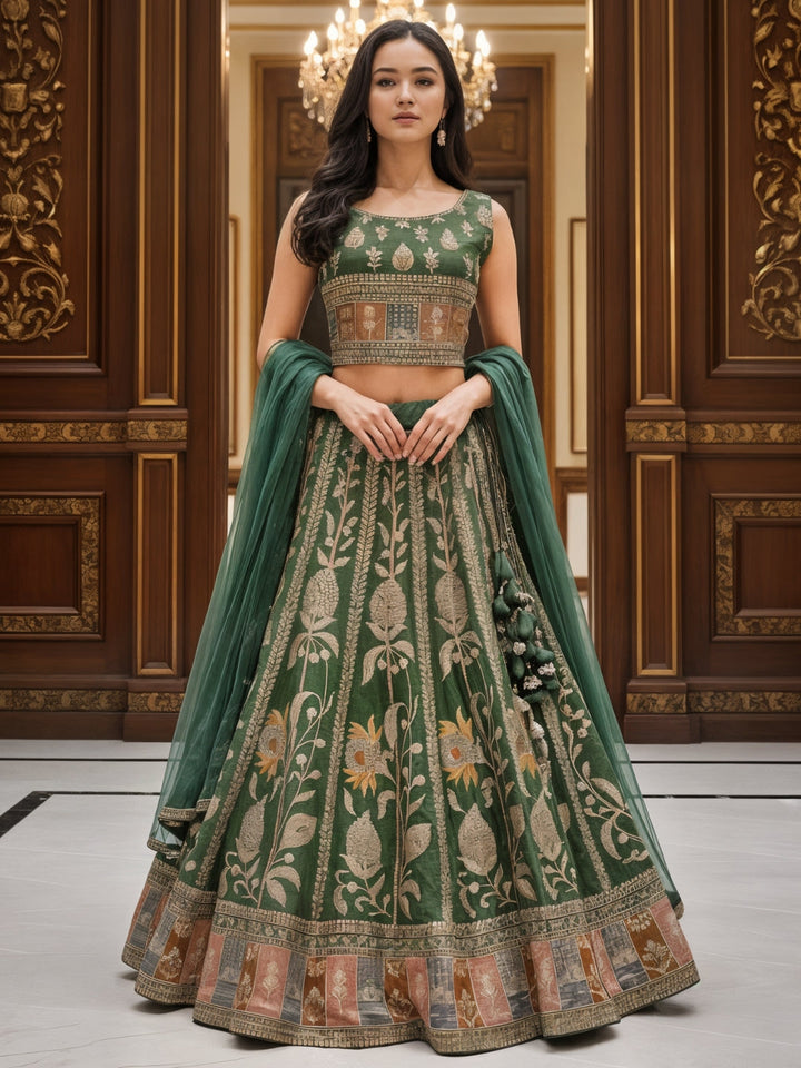 Zari Resham Floral Embroidered Lehenga Set on Tissue SIlk with Net Dupatta