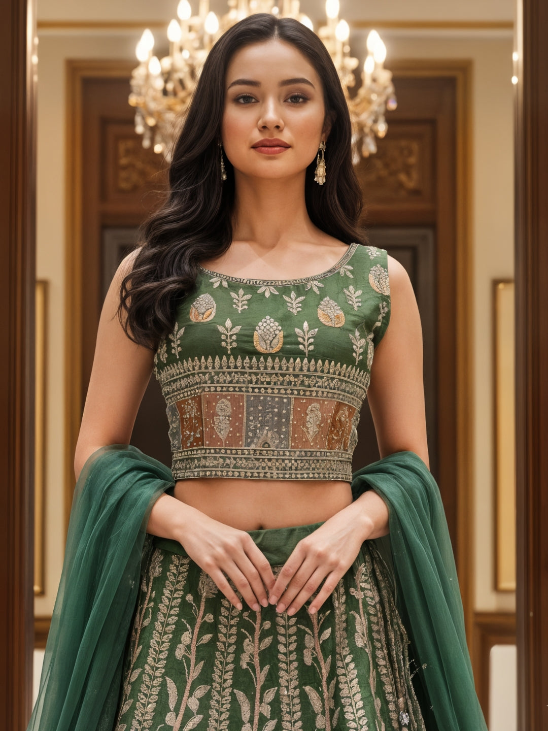 Zari Resham Floral Embroidered Lehenga Set on Tissue SIlk with Net Dupatta
