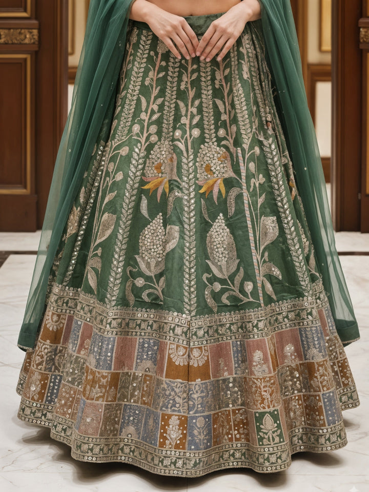 Zari Resham Floral Embroidered Lehenga Set on Tissue SIlk with Net Dupatta