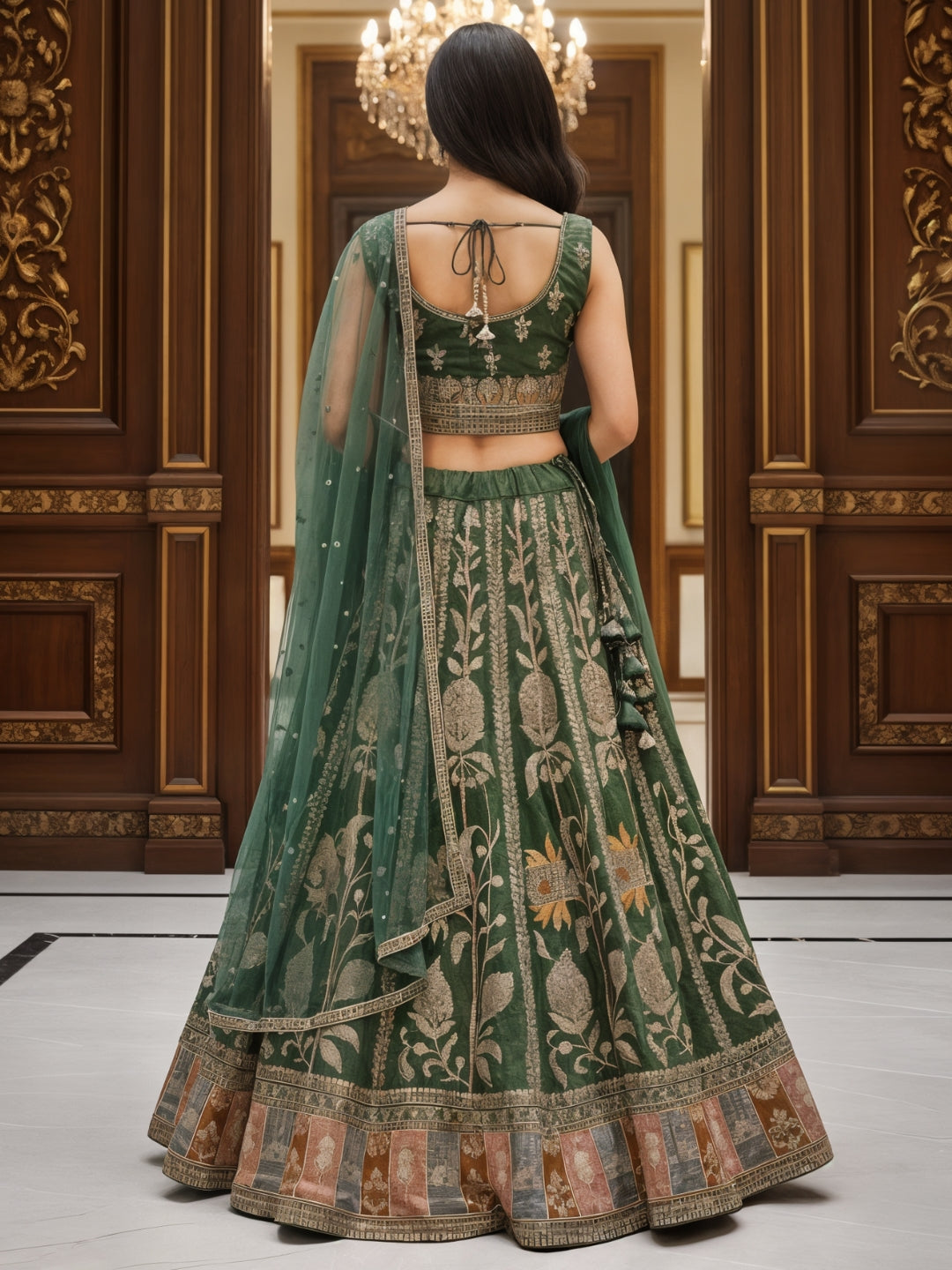 Zari Resham Floral Embroidered Lehenga Set on Tissue SIlk with Net Dupatta