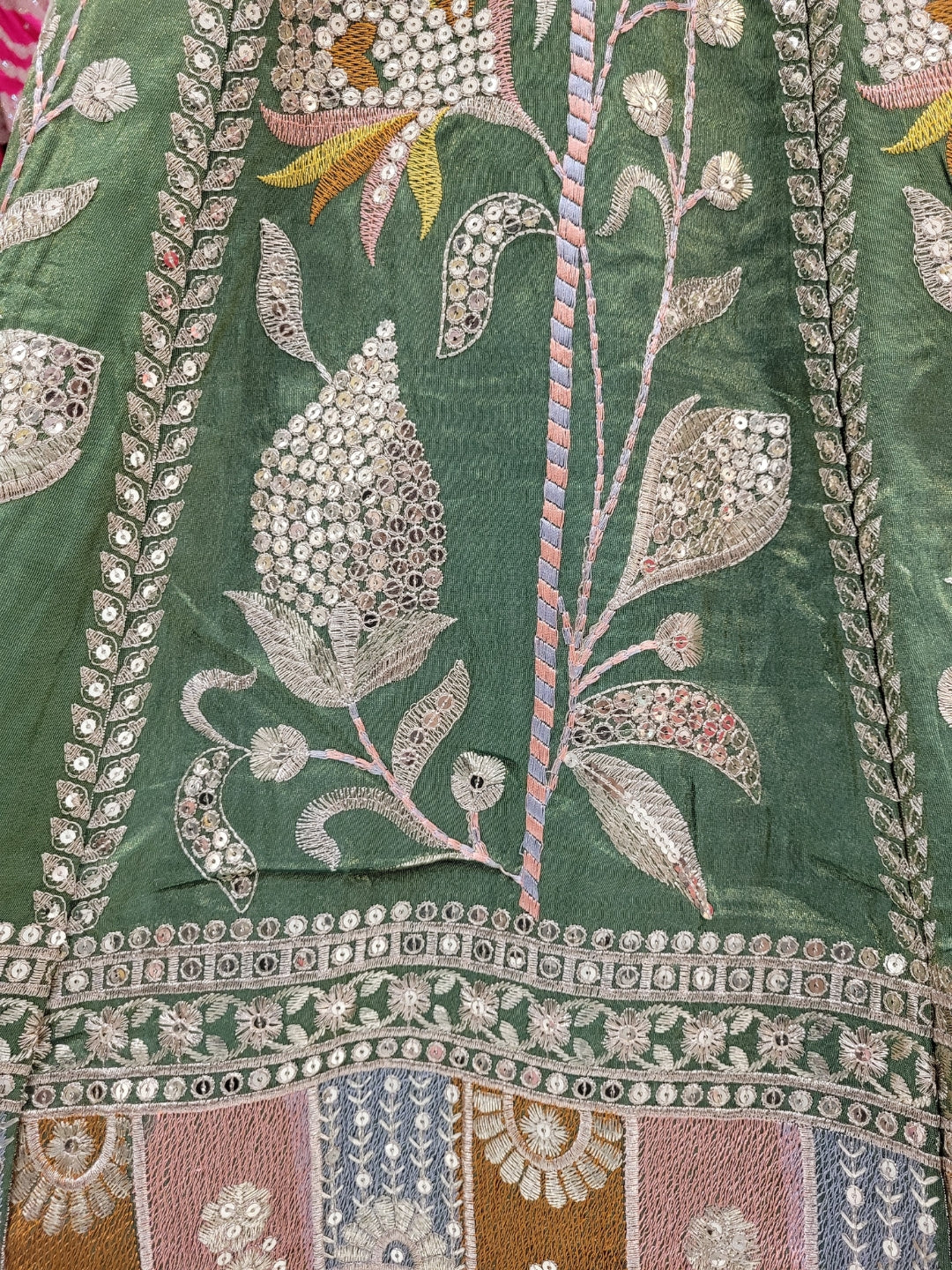 Zari Resham Floral Embroidered Lehenga Set on Tissue SIlk with Net Dupatta