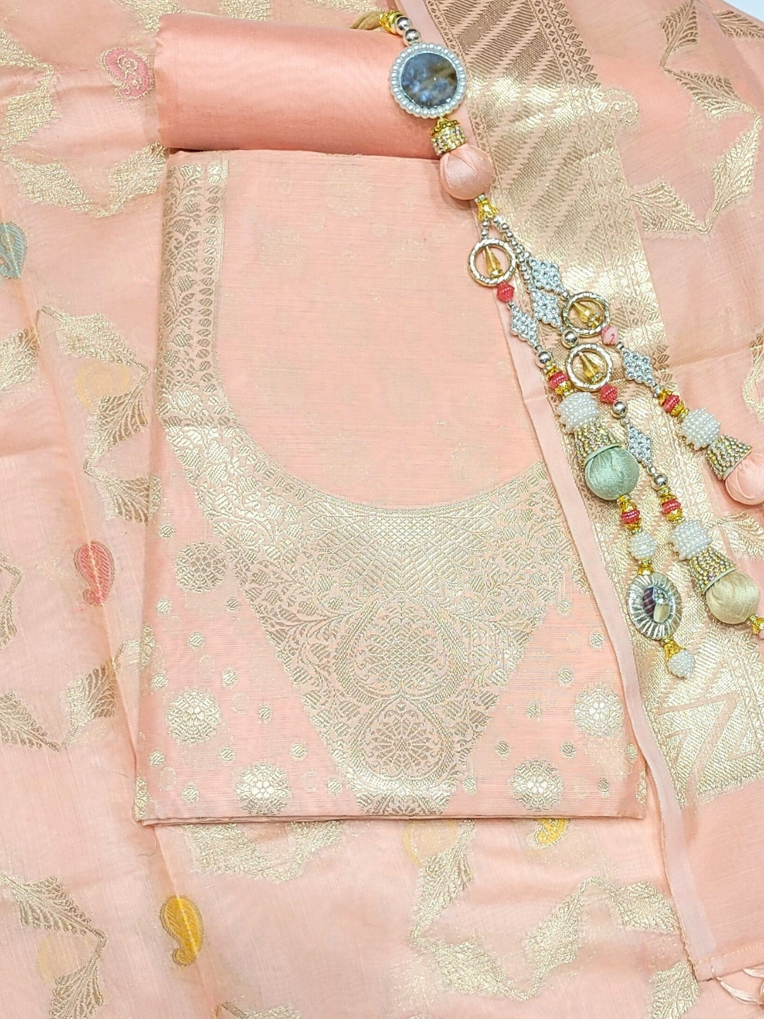 Banarasi Tissue Pastel Dress Material with Zari Weaving  & Jhallar Meenakari Dupatta
