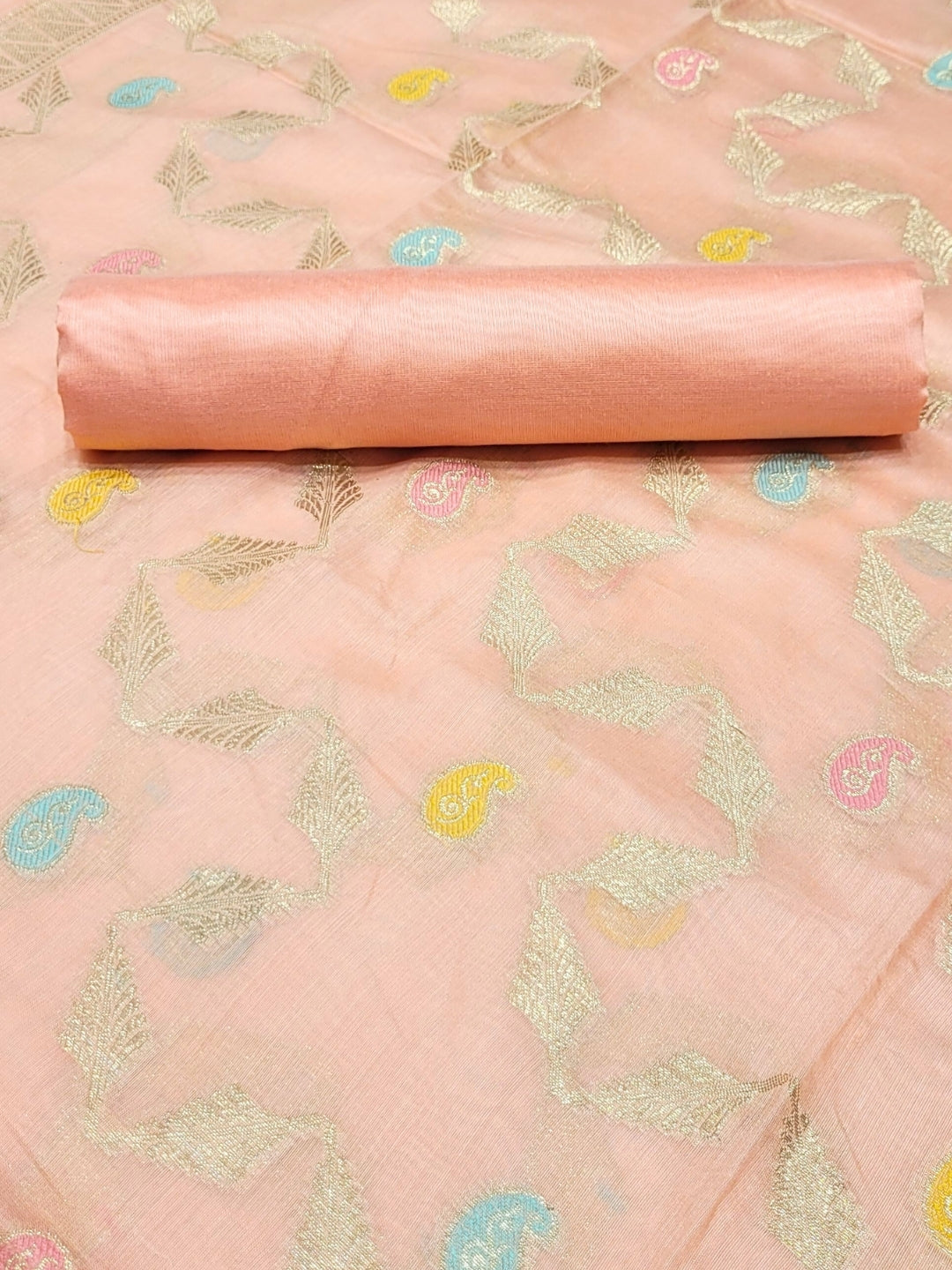 Banarasi Tissue Pastel Dress Material with Zari Weaving  & Jhallar Meenakari Dupatta