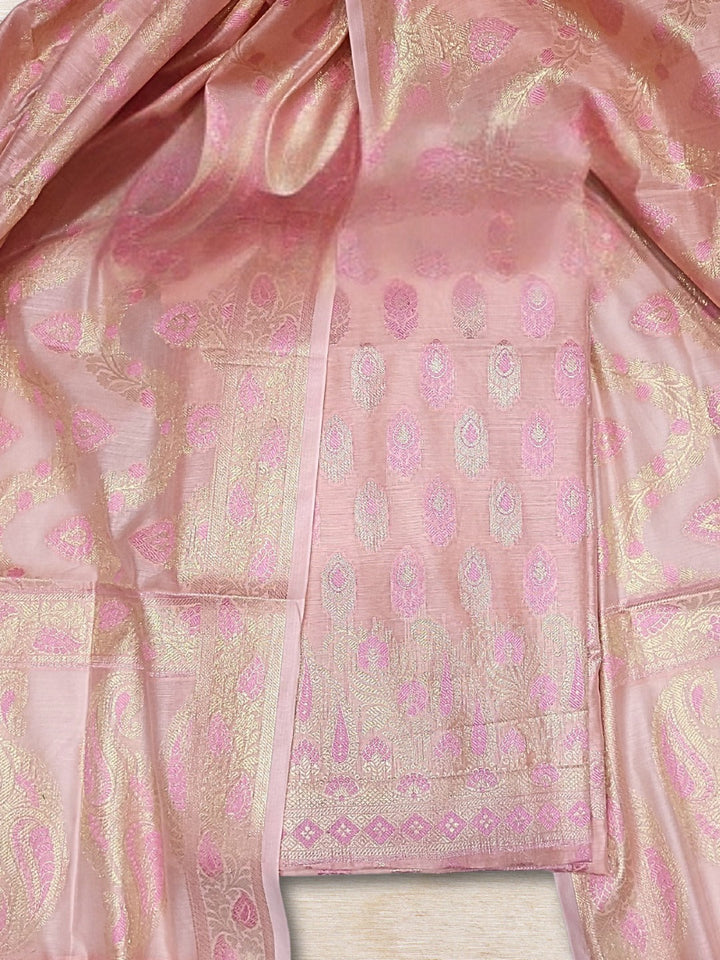 Meenakari Woven Handloom Chanderi Dress Material with Tasseled Dupatta & Brocade Salwar